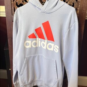Adidas Sky Blue Hoodie with Bold Red Logo